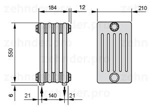 Схема (чертеж) Радиатор Zehnder Charleston 6055/4 №3570 Белый глянцевый RAL 9016